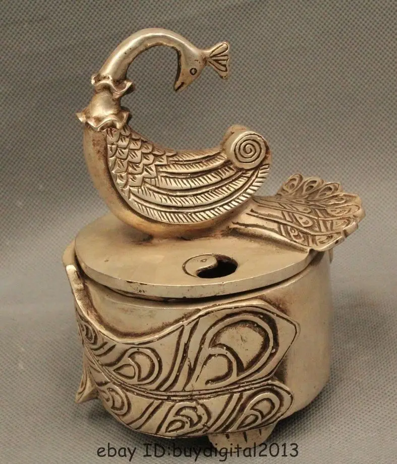 

5" Marked Chinese China Silver phoenix Statue Incense Burner Censer Statue Garden Decoration 100% Tibetan silver Bronze