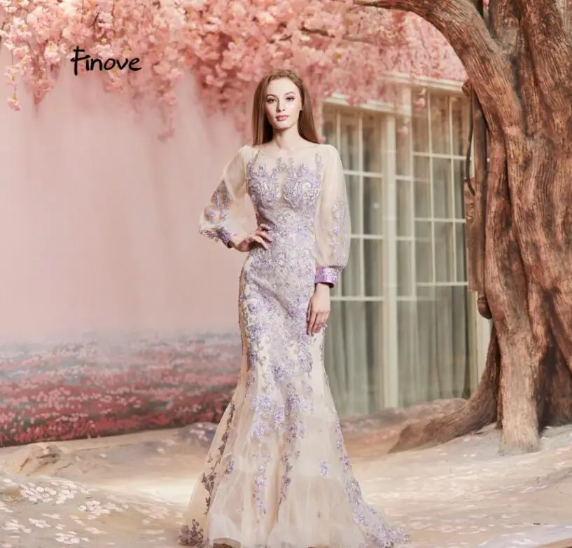 Finove осень новое вечернее платье длинное Robe de soiree полный рукав Тюль Шикарные аппликации Кристаллы Женские вечерние платья размера плюс - Цвет: Pink