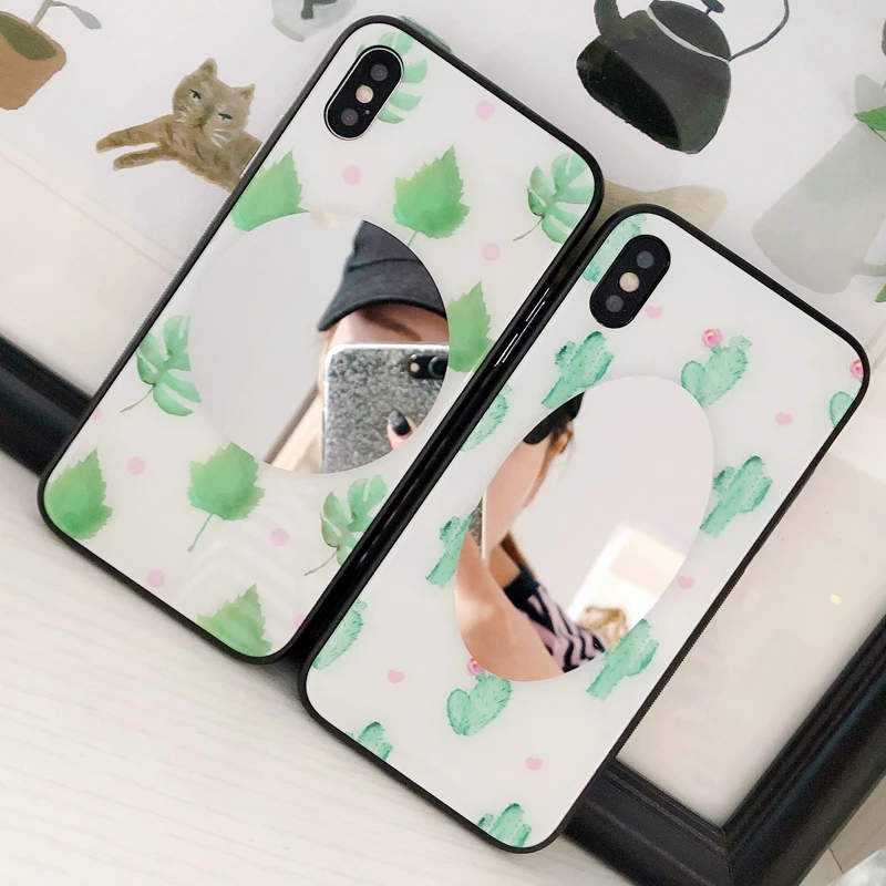 Coque for iPhone 7 7Plus Fashion Cactus Mirror Glass Case Cover Apple iPhone7 6 6s 8 Plus X 10 Hard Phone Women |