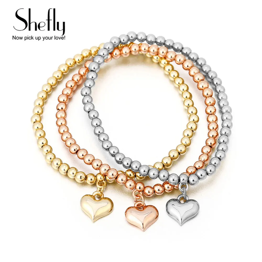 

Fashion Jewelry 3 Pcs/Set Heart Charm Bracelets & Bangles Rose Gold Silver Color Pendants Elastic Beads Bracelet For Women Gift