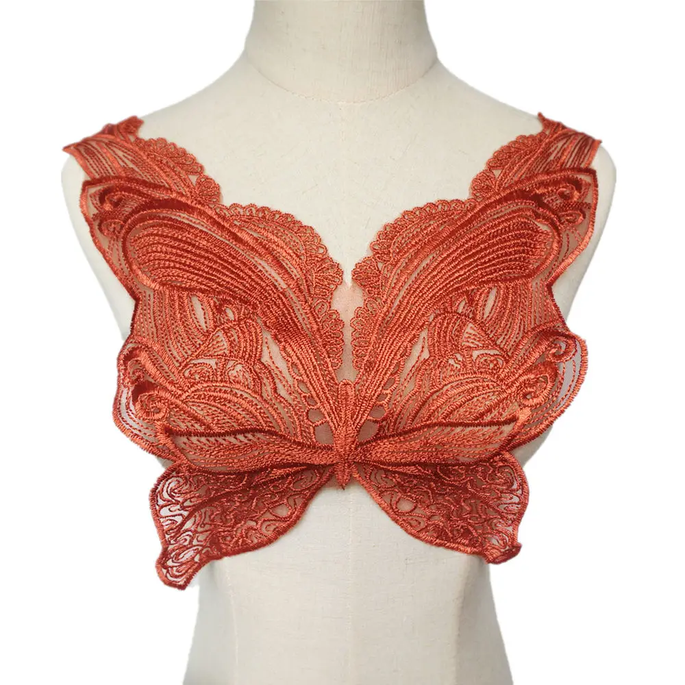 

Orange Fabric Butterfly Appliques Mesh Lace Trims Embroidered Wedding Gown Collar Sew On Patch For Dress DIY Decoration