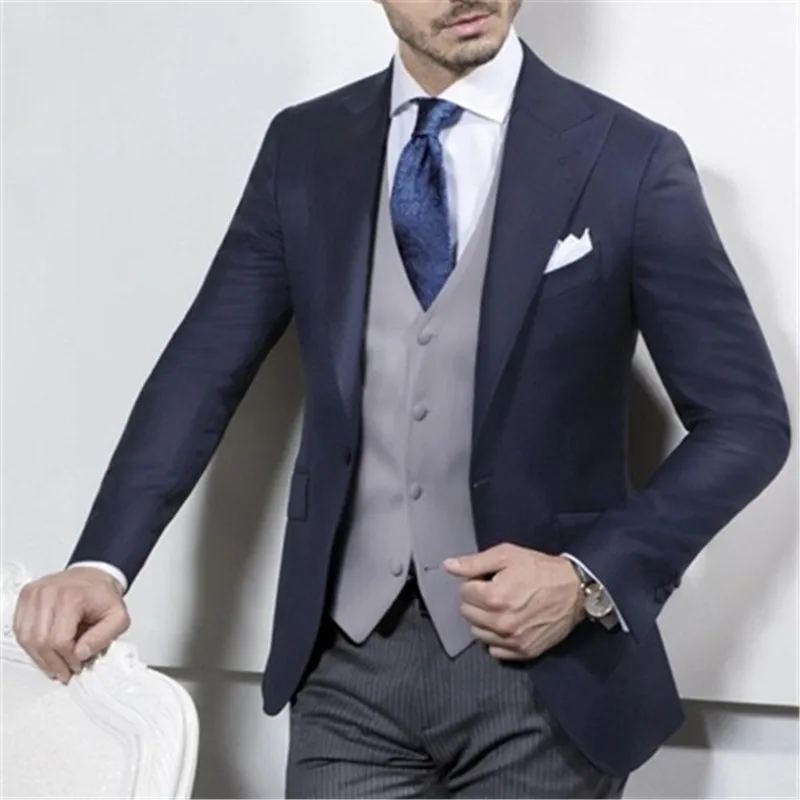 Navy Blue Coat with Grey Vest Wedding Men's Suits 3pcs(Jacket+Stripe Pants+Vest+Tie)Slim Fit Italian