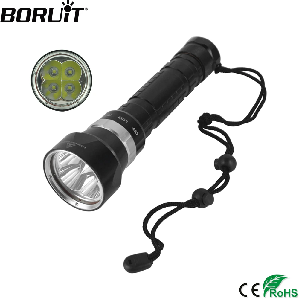 

BORUiT 4000LM XM-L2 LED Scuba Diving Flashlight 3-Mode Underwater 100M Torch Diver Waterproof Portable Lantern by 26650 Battey