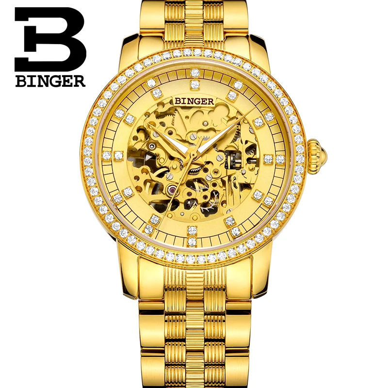 TOP  BINGER Luxury 18k Gold-plated Automatic Mechanical Watches Classic Hollow Design Couple watches For