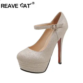 

REAVE CAT Bling Sexy Pumps Lady stiletto Heels 13cm ultra high heels Woman party Dress Shoes ankle strap shoes Size 34