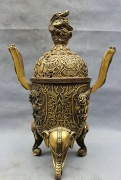 

song voge gem S3029 16" Tibet Bronze Dragon Elephant Head Lion Statue Flower Incense Burner Censer