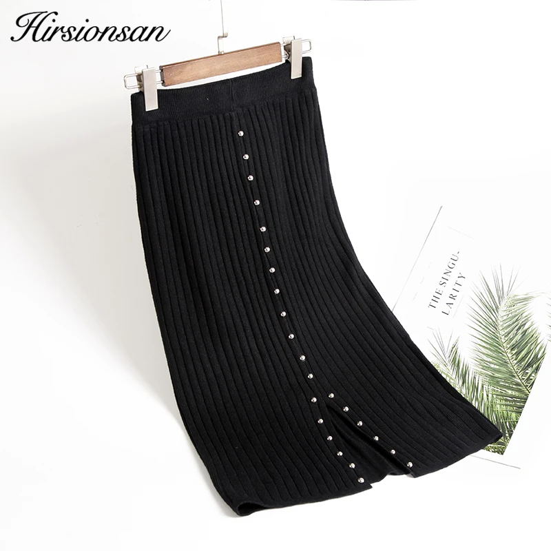 

Hirsionsan Skirts Womens 2019 Autumn Winter High Waist Pencil Skirt Elegant Bodycon Skirts Buttons Black Knitted Midi Skirt
