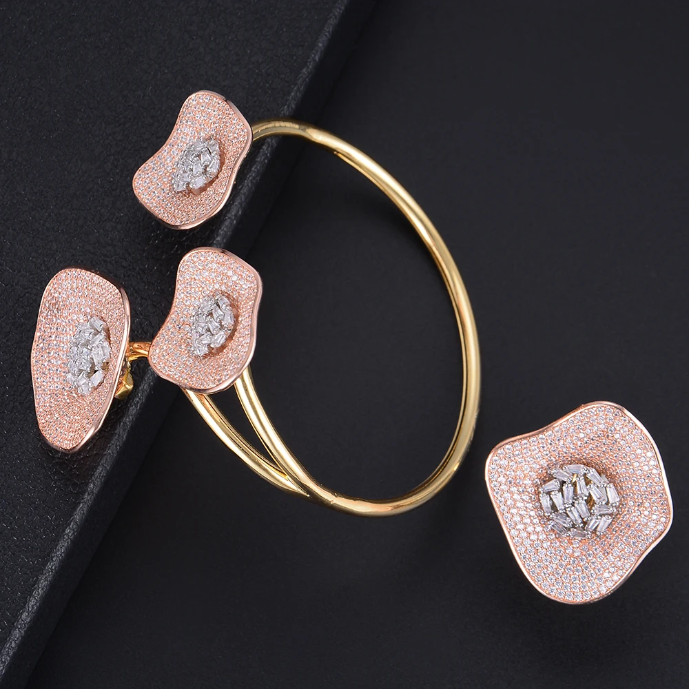 

Trendy Rose Gold Color Plant Flower Full Micro Cubic Zirconia Bracelet Bangle Ring Sets Dress Jewelry Sets