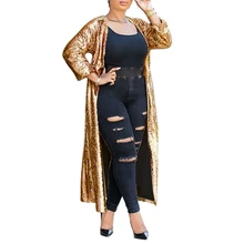 Женская блестящая золотая расшитая блестками куртка, сексуальное длинное пальто с открытой передней частью, весенне-осеннее повседневное блестящее кимоно, вечерние Клубные Топы для женщин SJ792V