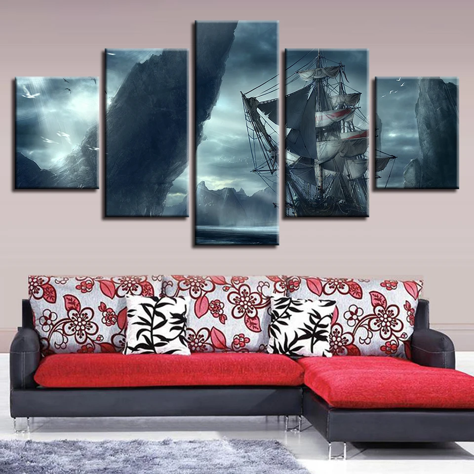 

Poster Picture HD Printing 5 Pieces Ship And Mountain Landscape Canvas Paintings Framed Modular Art Decor Home Living Room Wall