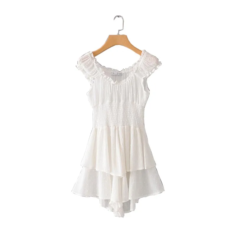 

KZ154 Euro Design Sleeveless Pokla Dot Double Layer Sweet Ruffles Wrinkle Bust Bodysuit White Color Sweet Bodysuits Jumpsuits