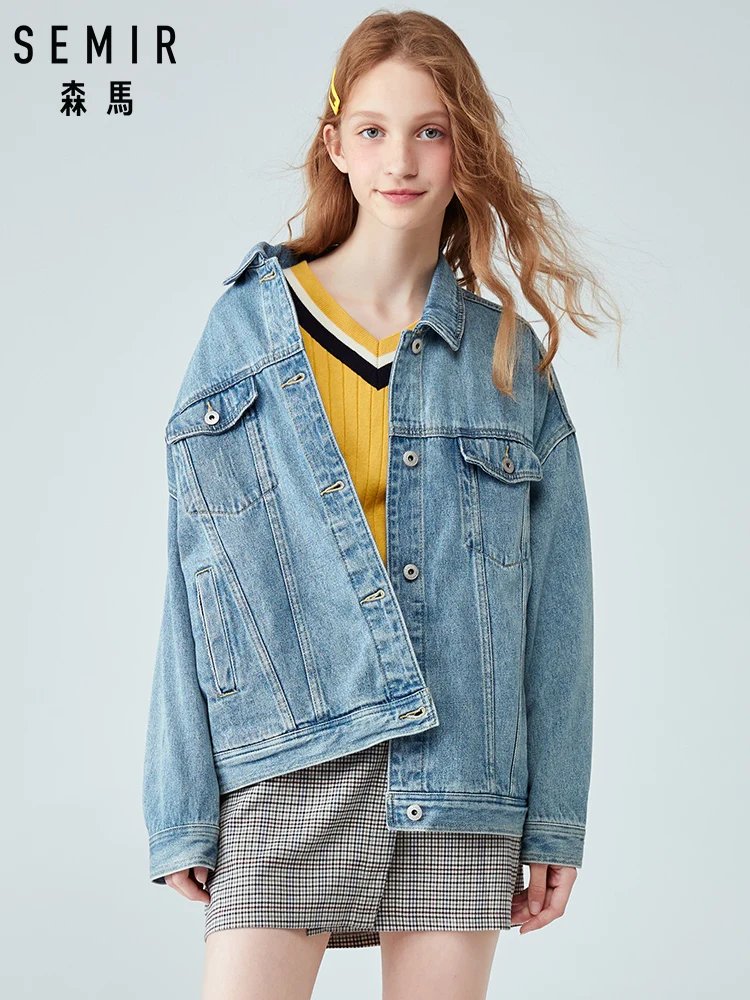 Женская джинсовая куртка SEMIR, короткая хлопковая Свободная куртка в стиле ретро с отворотом, весна осень 2019|Куртки| | АлиЭкспресс