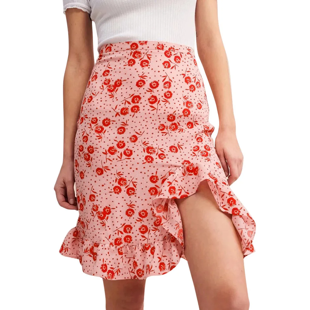 

Women's Printing Ruffles Empire Sandy Faldas Mujer Moda 2019 Beach Mini Skirts Faldas Saias Rokken Saia