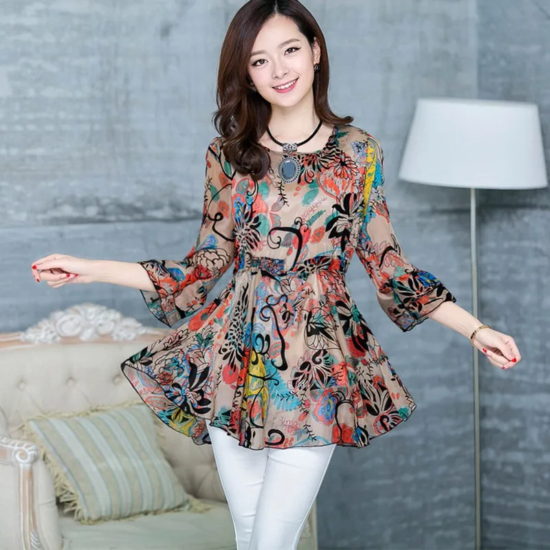 

Spring Summer Blouse 2019 Women Casual O-Neck Floral Print Dresses Hem Folds Bohemian Style Mini Puff Sleeve Plus Size 3XL Shirt