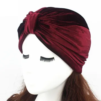 

Winter Women Velvet Turban Hat Fashion Dome Caps Head Wrap India Style Hats Ladies Muslim Solid Color Beanies Skullies