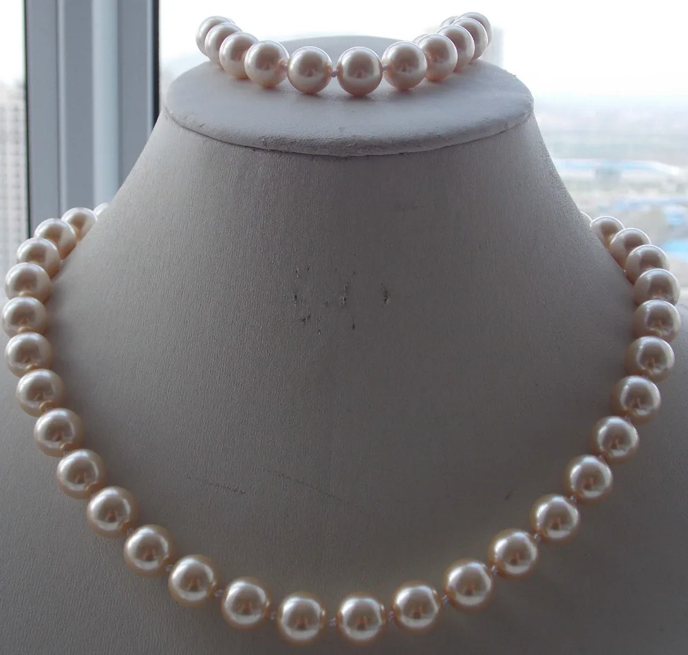 

Free Shipping >>>>10mm Beige South Sea Shell Pearl Round Necklace Bracelet 18''7.5'' F-39