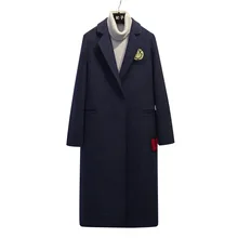 Зимние куртки Женское шерстяное пальто смайлик патч дизайн лацканы карман оверсайз Длинная Верхняя одежда женское пальто