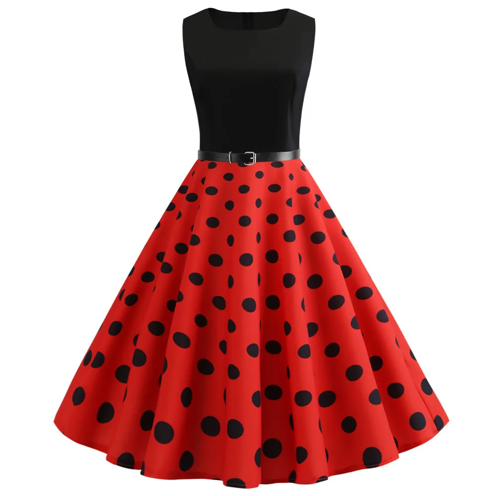 

Summer Dresses 2019 Women Vintage Robe Swing Pinup Elegant Party Dress Sleeveless Casual Plus Size Print Black