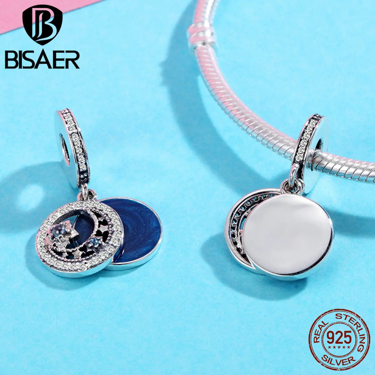 

100% 925 Sterling Silver Blue CZ, Moonlit Stars, Moon Night Pendant Charms Fit Bracelet Silver 925 Original DIY Fine Jewelry
