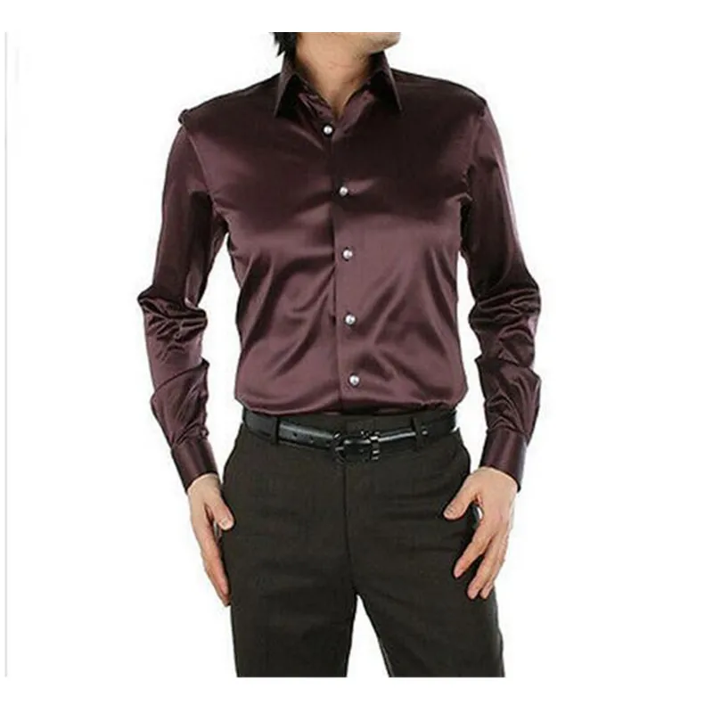 

Brown Leisure Clothing Wedding Prom Emulation Silk Long Sleeve Shirts Men's Casual Shirt Shiny Satin Formal Party Shirt