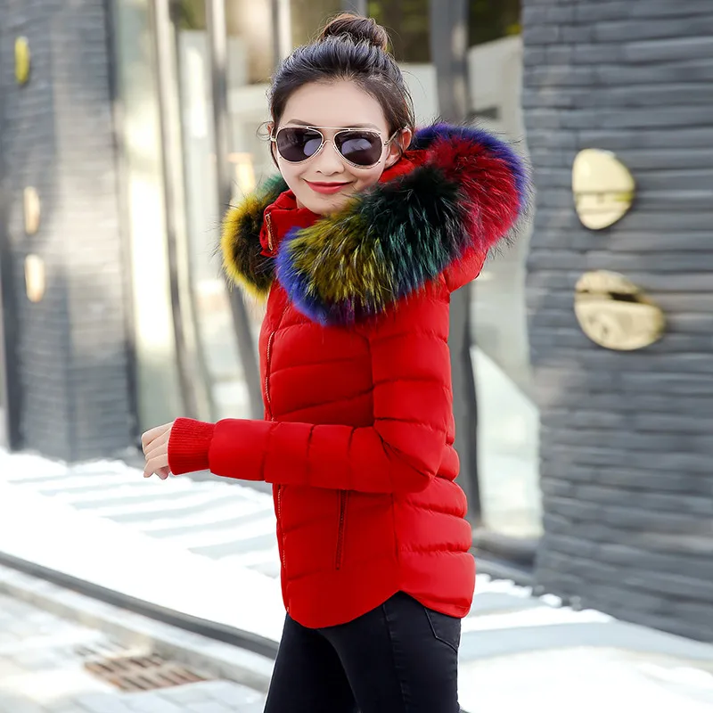 Зимняя женская куртка, большие размеры, женские парки, утепленная верхняя одежда, воротник из искусственного меха, женские тонкие пальто с хлопковой подкладкой - Цвет: Красный