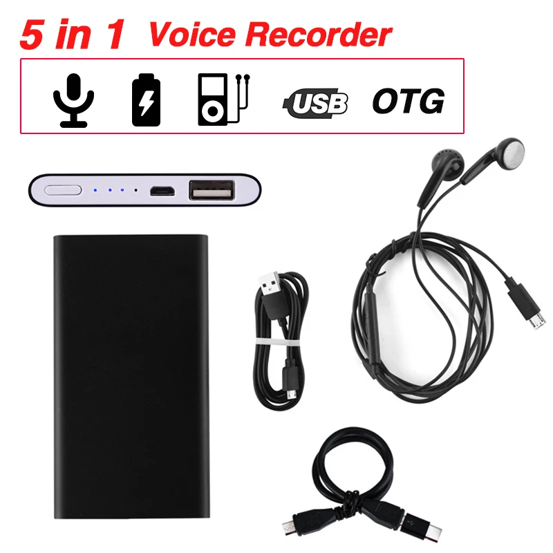 

5 IN 1 Voice Recorder 8GB USB Flash Disk Sound Recording Device OTG MP3 Music Player 5000mAh Power Bank Set Micro Recorders
