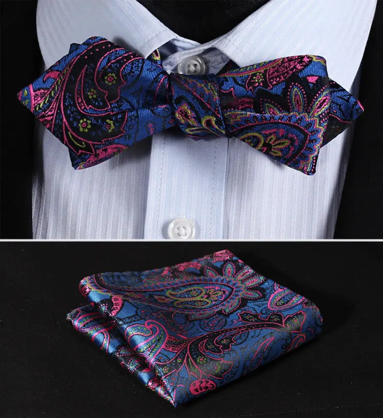  JF404B Blue Pink Paisley Floral Silk Men Diamond Point Tip Self Bow Tie Pocket Square Handkerchief 