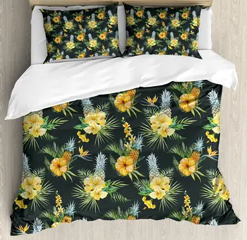 

Hawaii Duvet Cover Set Tropical Flowers Blooming Frangipani Plumeria Botanical Bouquet Pineapple Fruit 4 Piece Bedding Set