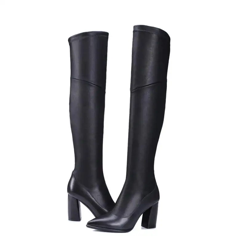 Sur Élégant Noir En Bottes Véritable Solide Sexy Glissière D'hiver Femmes Pointu Genou Memunia Latérale Le Cuir Simple Chaussures Bout Chaud zZwH1nqxtY