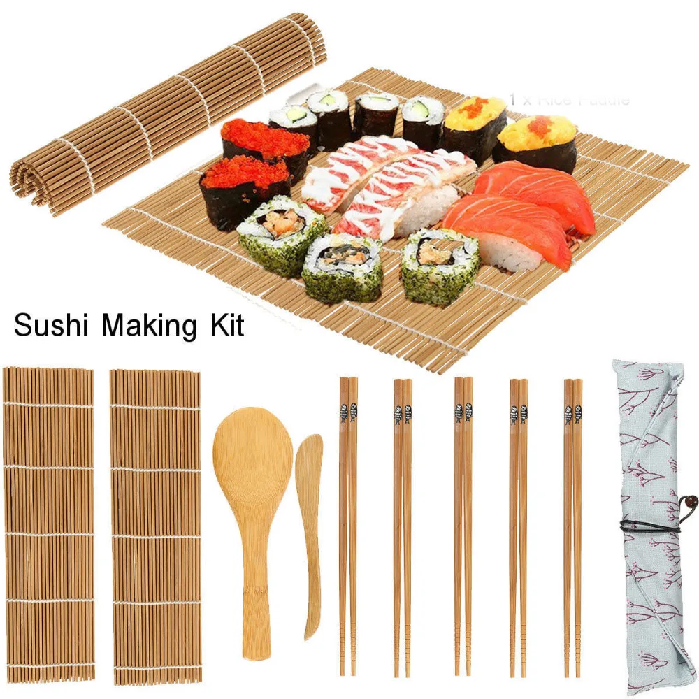 9Pcs-set-Rolling-Mats-Chopsticks-Rice-Spreader-Paddle-Bamboo
