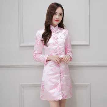 

Qipao silk jacquard padded quilted elegant 2018 silk satin cheongsam chinese traditional dress vestido long sleeve lady dress