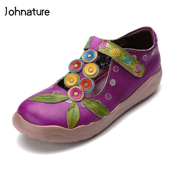 

Johnature 2020 New Spring/autumn Handmade Vintage Genuine Leather Round Toe Hand-painted Platform Loafers Women Flat Shoes