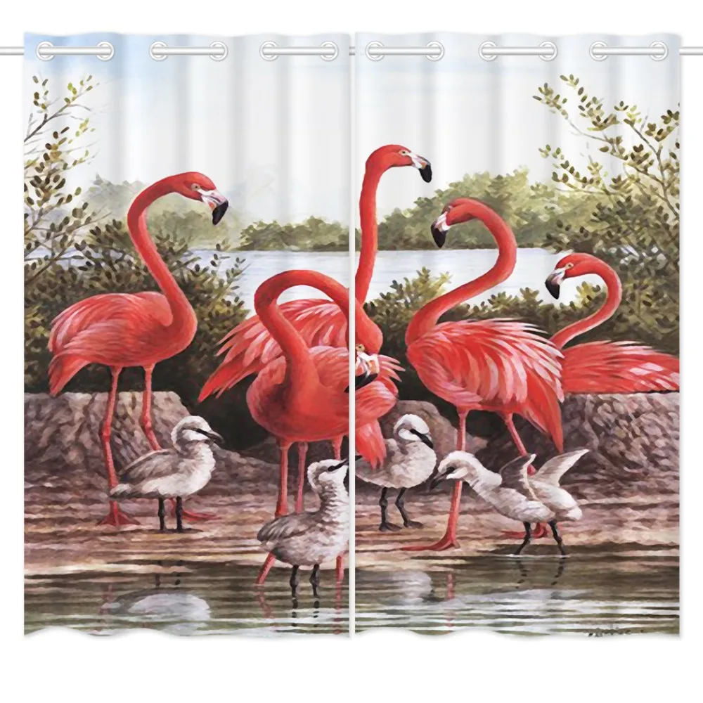 

HommomH Curtains Grommet Top Darkening Blackout Living Room Beautiful Pink Flamingo And Baby Lake Couple Love Family