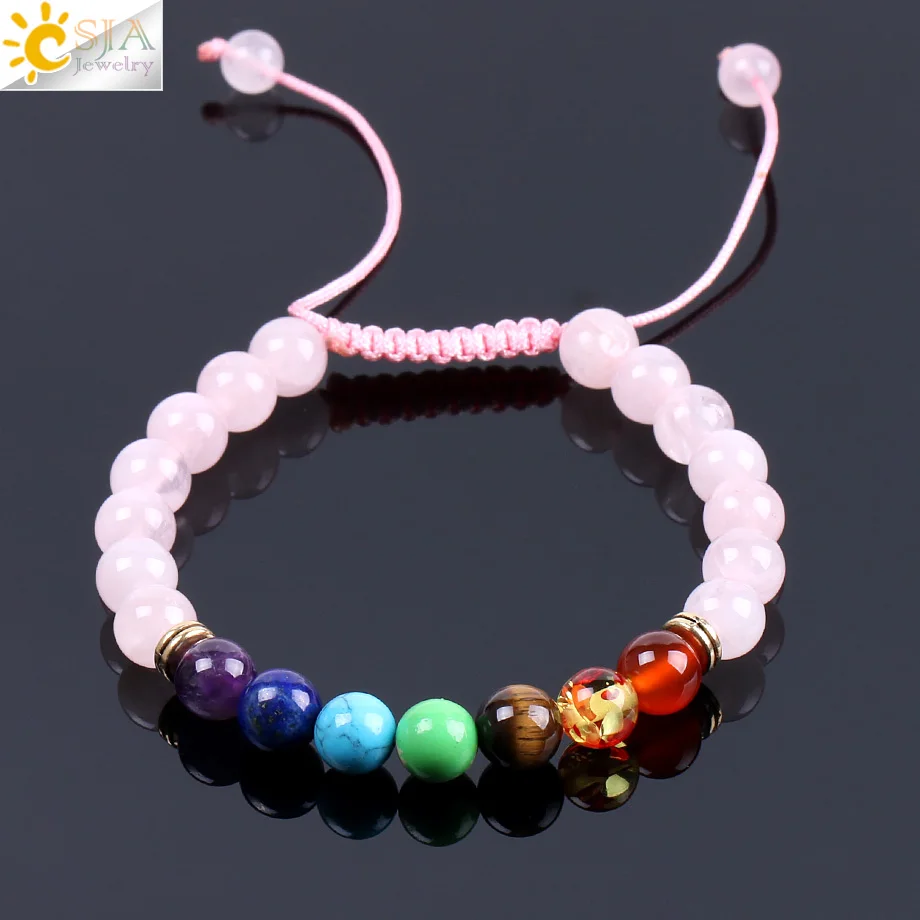 

CSJA Pink Quartz Bracelets & Bangles for Women Reiki Natural Gem Stone Mala Beads Meditation 7 Chakra Crystal Braided Rope F091