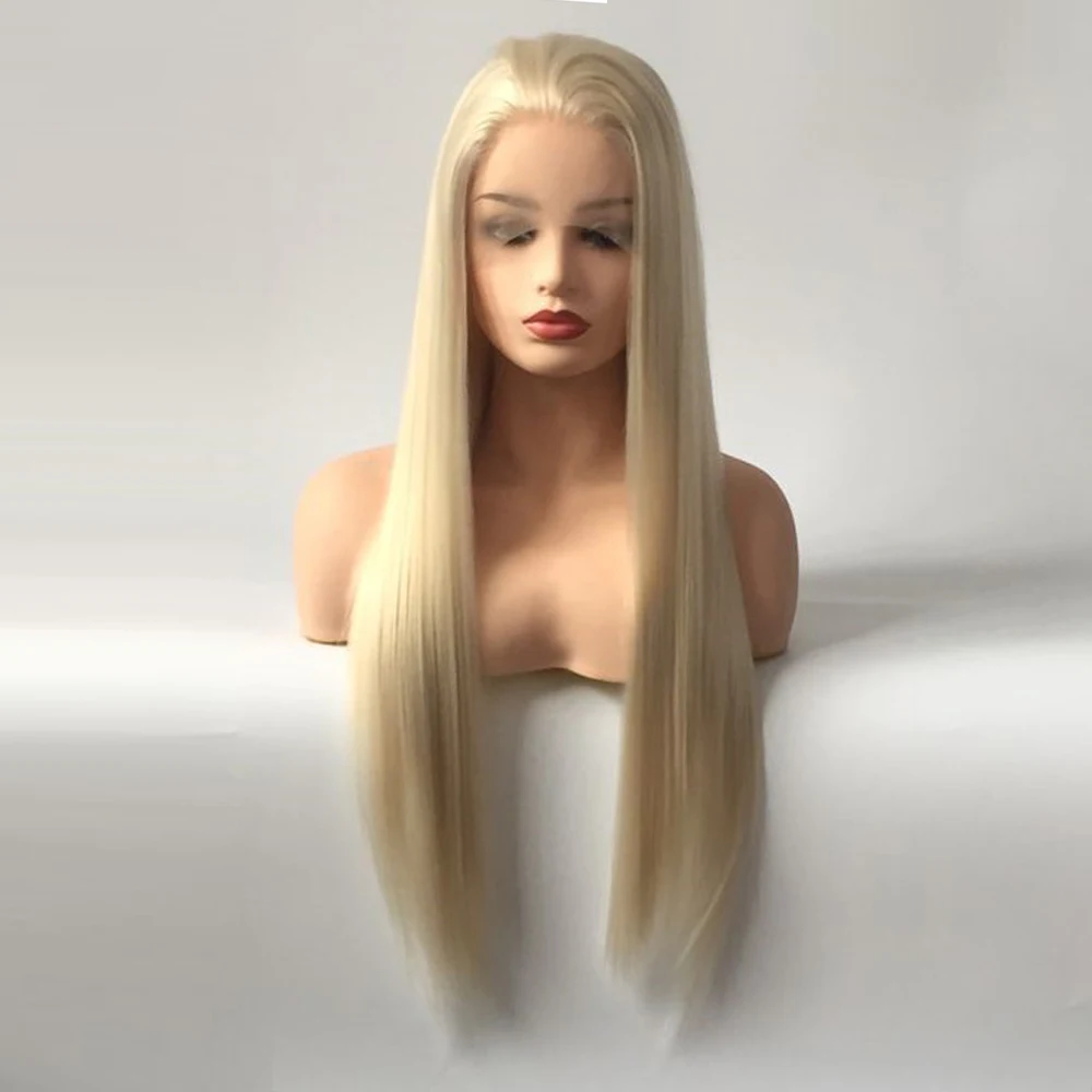 

Natural Straight Platinum Blonde Princess Glueless Synthetic Lace Front Wig with Baby Hair for White Women Heat Resistant Fiber