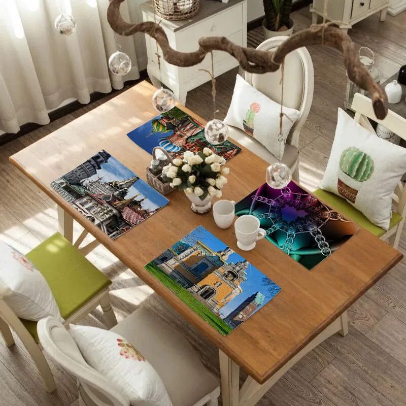 

Table Placement Wonderful Village City Tree Landscape Printing Dinning Bowl Cup Pad Eco Durable Cotton and Linen Placemat