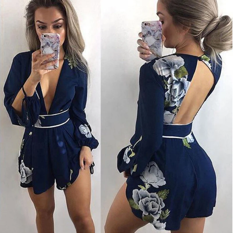 

2019 Summer macacao feminino Blue Printed V Neck Floral Playsuit Lady Boho Sexy Backless Shorts Rompers Womens Overall Jumpsuits