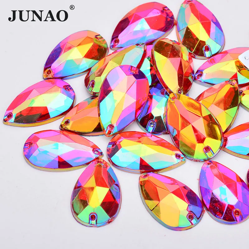 JUNAO 17*28mm Sewing Red AB Teardops Rhinestone Applique Large Crystal Stones Sew Strass Crystal Flatback Acrylic Gems Crafts