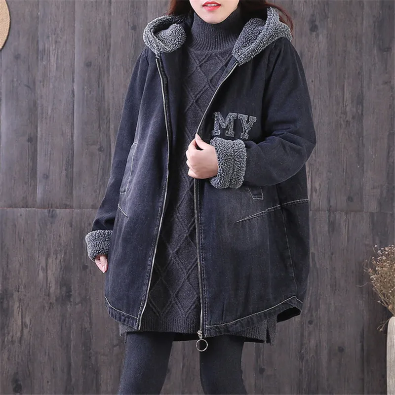 New Women Denim Jacket Spring Lamb Hair Plus Velvet Thickening Hooded Outerwear Winter Medium Long Warm Loose Cowboy Coat Lj277