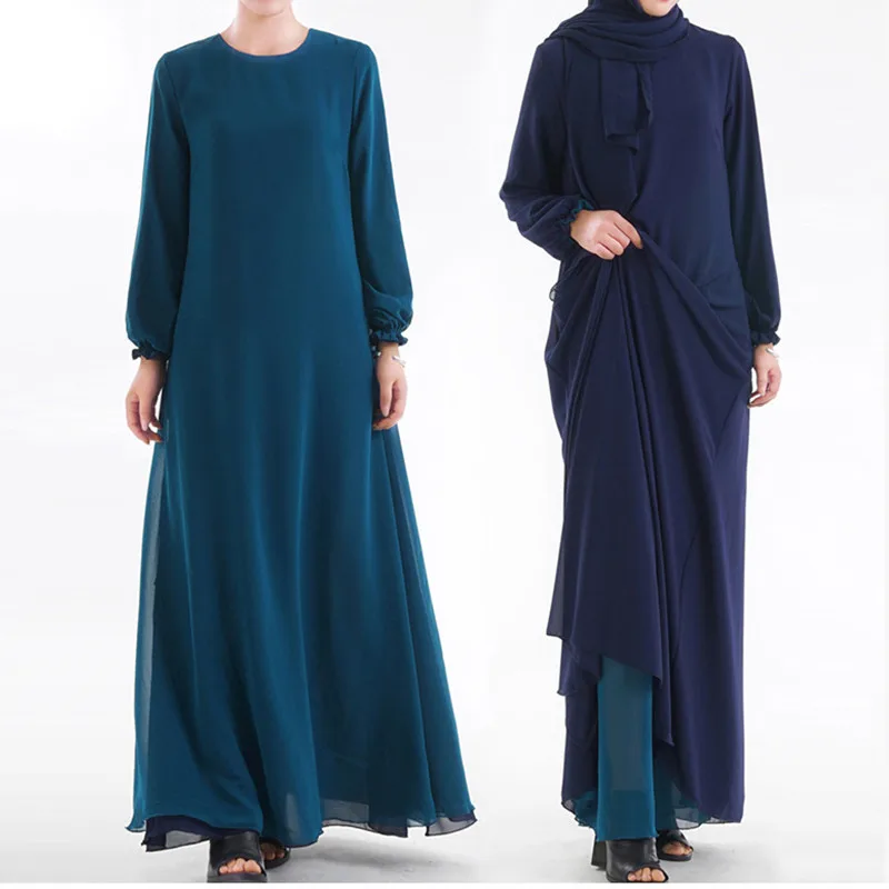 Двусторонняя одежда мусульманское платье абайя Дубай Кафтан Малайзия кимоно кардиган мусульманский хиджаб платье для женщин турецкая исламская одежда - Цвет: Navy With Lake Blue