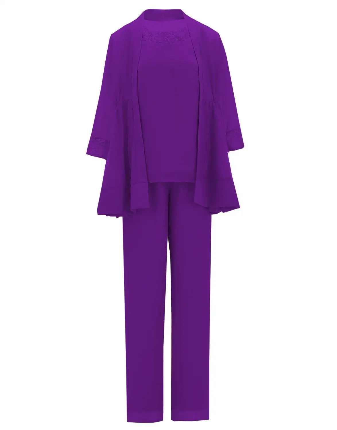 Purple Женский элегантный гофр оборки из 3 частей Кружева Тюль мать невесты платье брюки костюм с курткой наряд 3/4 рукава для свадьбы - Цвет: Purple