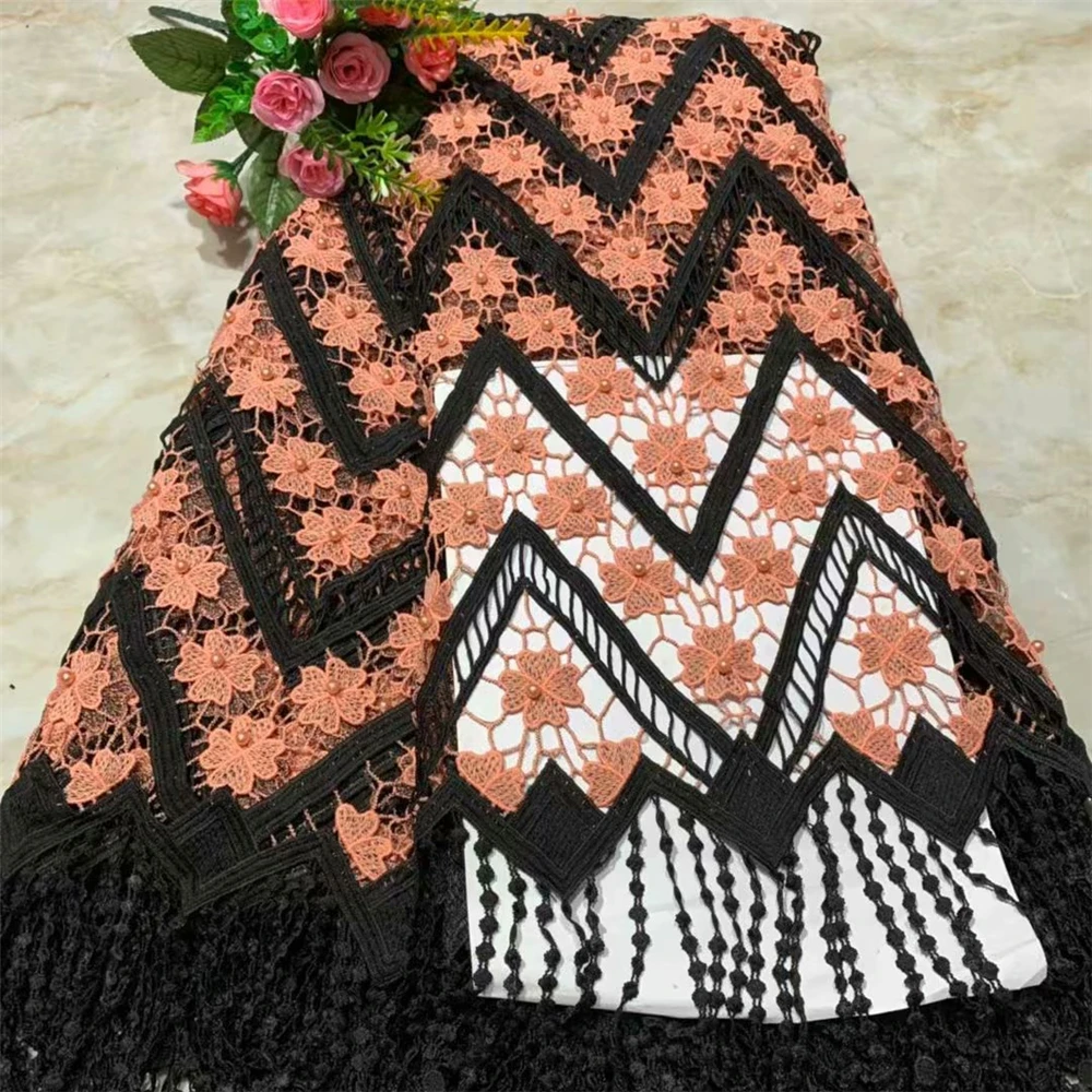 

Latest African Lace Fabric 2019 Black and peach Tulle Lace Fabric With Beads High Quality African Nigerian Women For 5yards