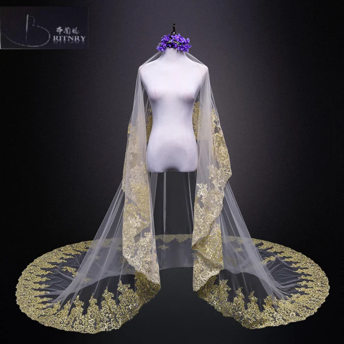 Мода Фата золотые кружева края аппликации длинным шлейфом свадебная фата вуаль де mariée