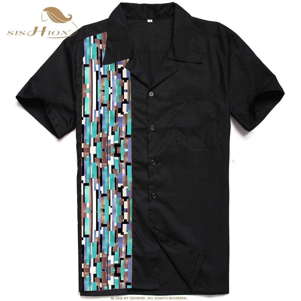 SISHION Short Sleeve Black Shirt ST110 camisa hombre Mosaic Pattern Cotton Mid-Century Inspired Button Up Bowling Men Shirt