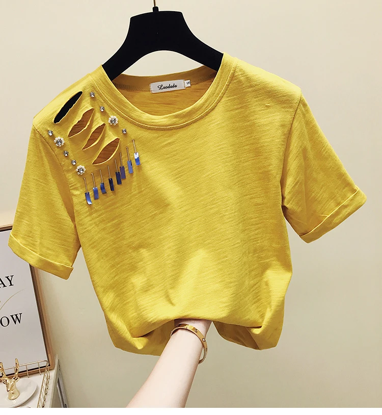 Летняя новая свободная футболка с короткими рукавами Женская мода полые отверстия Бисер с бриллиантом однотонная Повседневная хлопковая футболка Топы