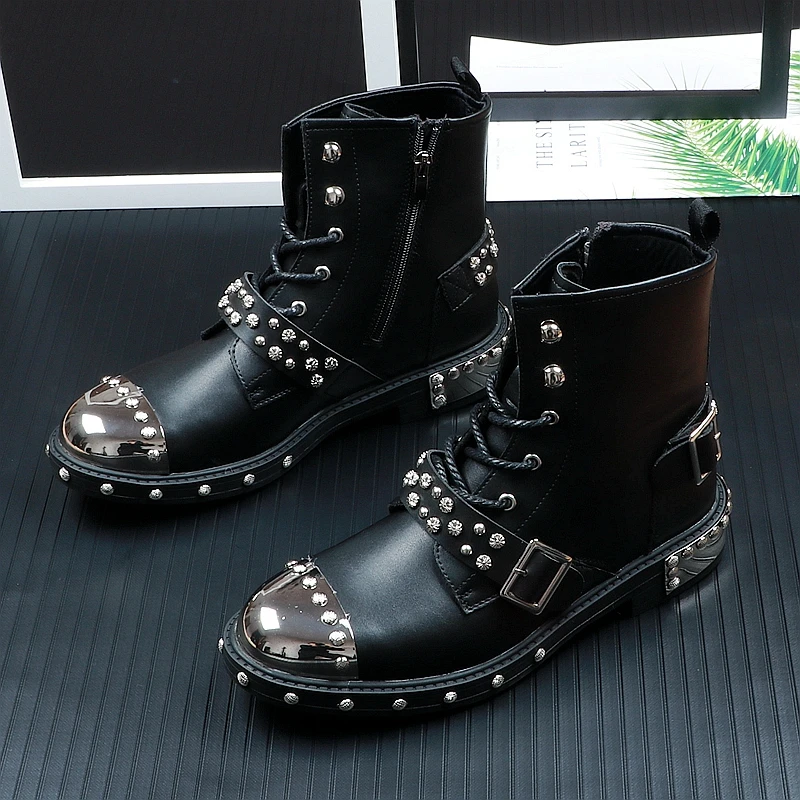 Мужские зимние ботинки Martin черные с заклепками в стиле панк на молнии Zapatos De Hombre