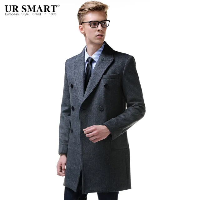 URSMSRT 2015 New men's wool coat Slim cut men's light gray overcoatin