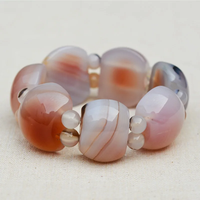 Natural Orange Stripe Chalcedony Jades stone Bracelets Elastic Rubber