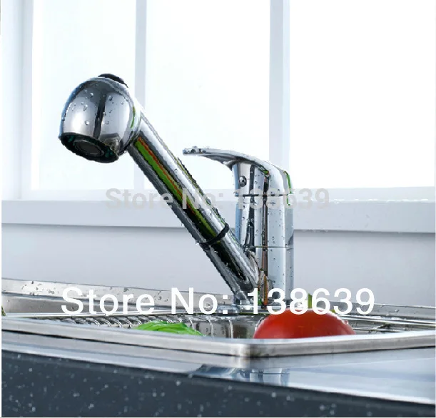 Free shipping double outlet chrome vessel faucet swivel kitchen sink mixer tap swivel pull out kitchen
