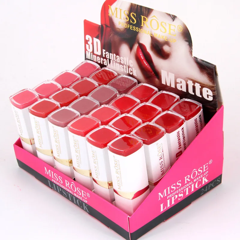 

MISS ROSE new hot selling square tube mouth red moisturizing waterproof moisturizing not easy to fade lipstick 24pc display box